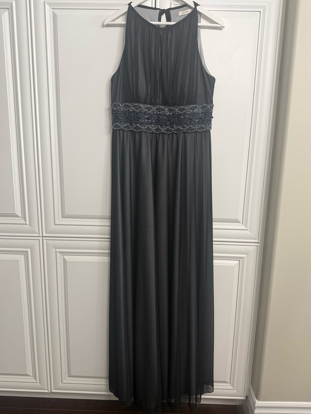 Laura Chiffon Black Mesh Halter Maxi Dress Embellished Empire Waistband Size 14